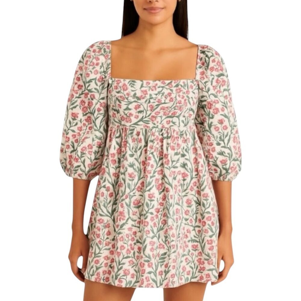 NWT Abercrombie Fitch Emerson Poplin Puff Sleeve Mini Dress Cream Floral Size S